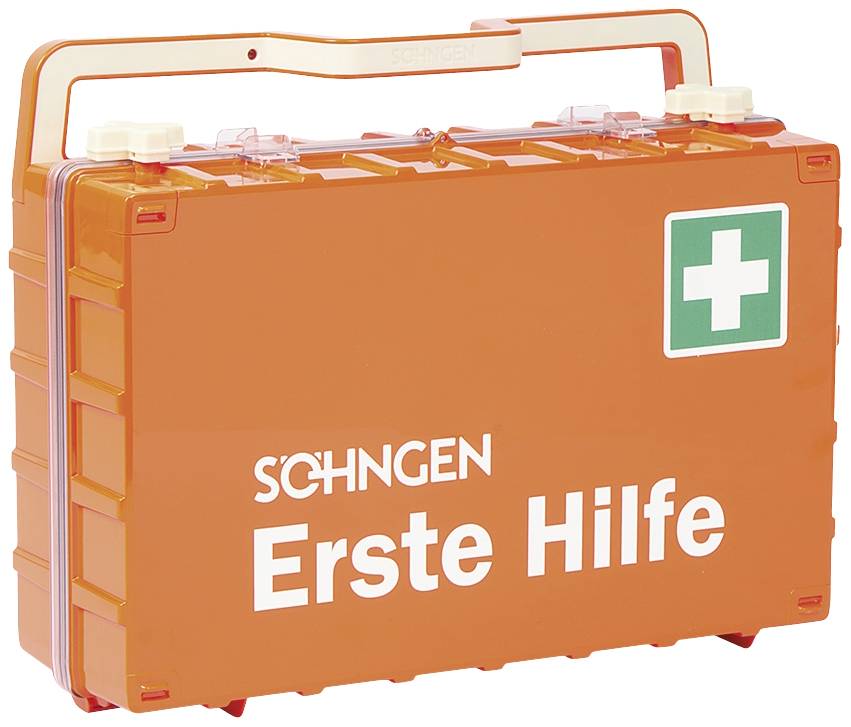 Ein orangener Erste-Hilfe-Koffer mit Tragegriff, auf dem 'SCHNGEN Erste Hilfe' und ein grünes Kreuz abgebildet sind.