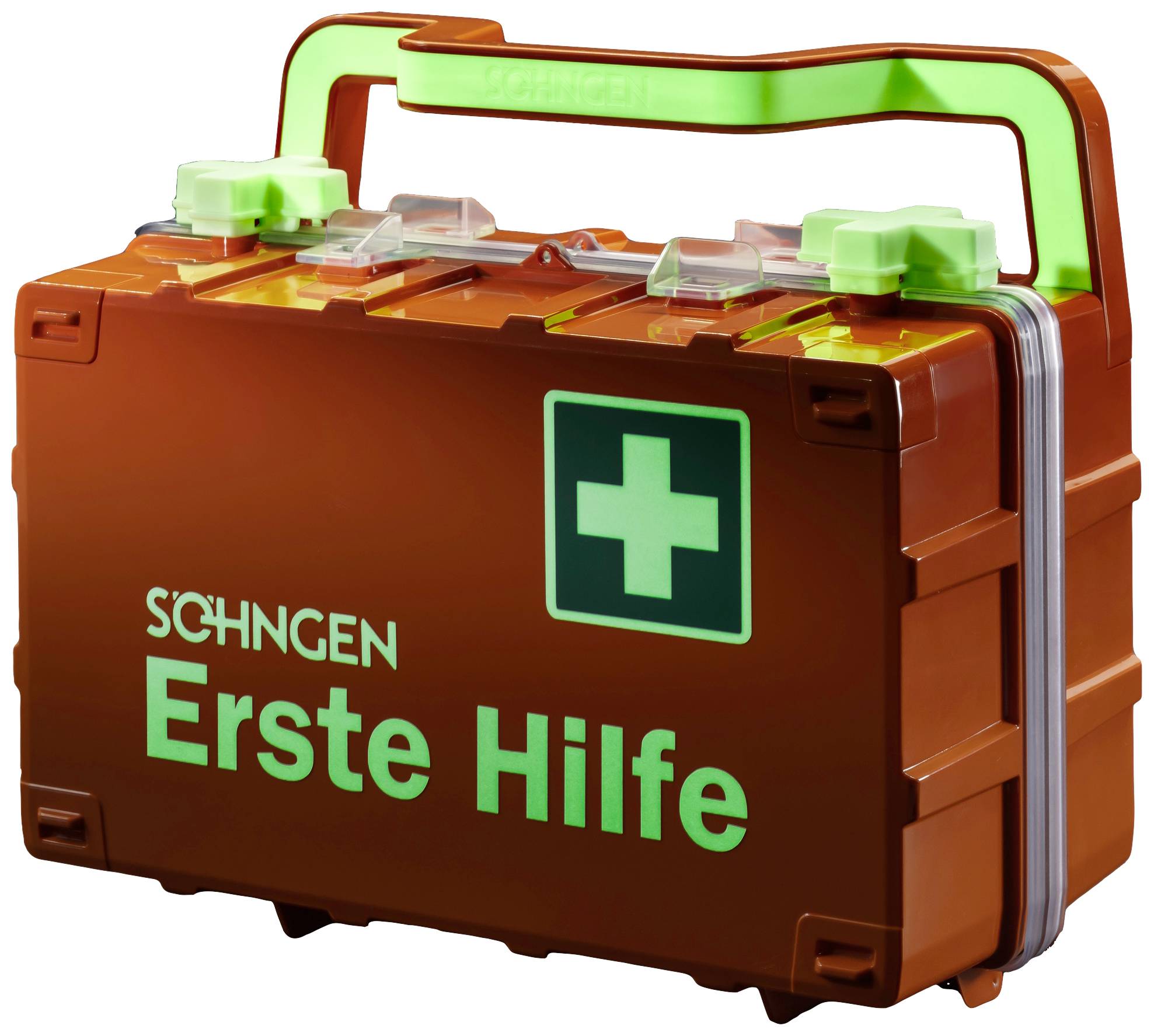 Brauner Erste-Hilfe-Koffer mit grünem Griff und leuchtendem Kreuzsymbol. Text: 'SCHNGEN Erste Hilfe' auf der Front.