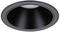 Runde schwarze Einbaulampe mit breitem Rand, im angeschalteten Zustand.
