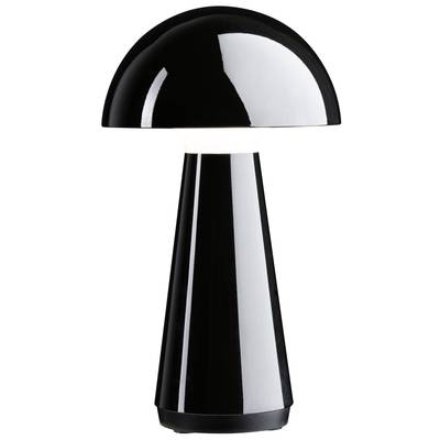 Eine schwarze Pilzlampe mit glänzendem Finish strahlt ein weiches Licht aus. Ideal für modernes Innendesign.
