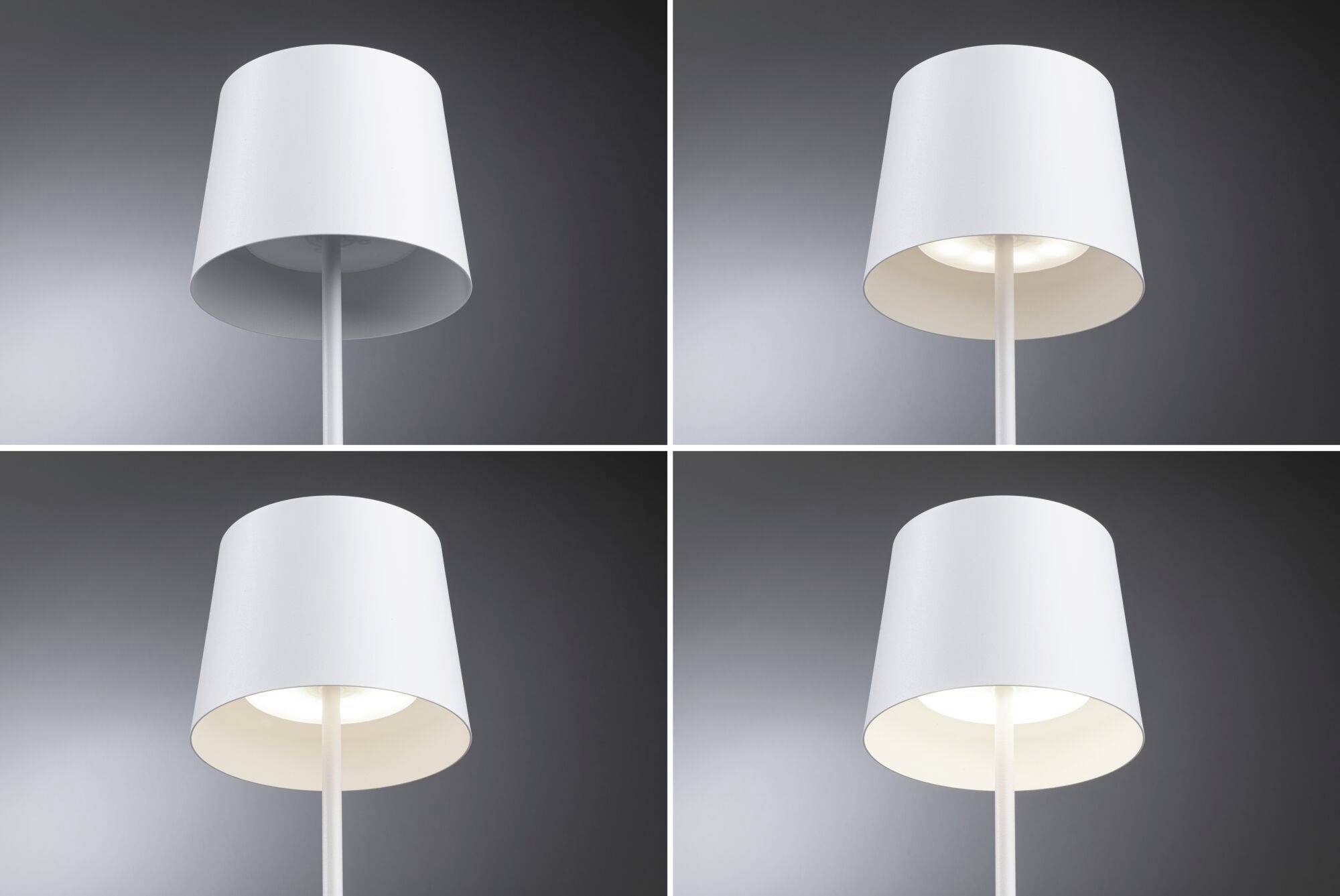 Vier Bilder einer weißen Stehlampe in unterschiedlichen Beleuchtungsstufen: aus, gedimmt, mittelhell, voll erleuchtet. Hintergrund grau.