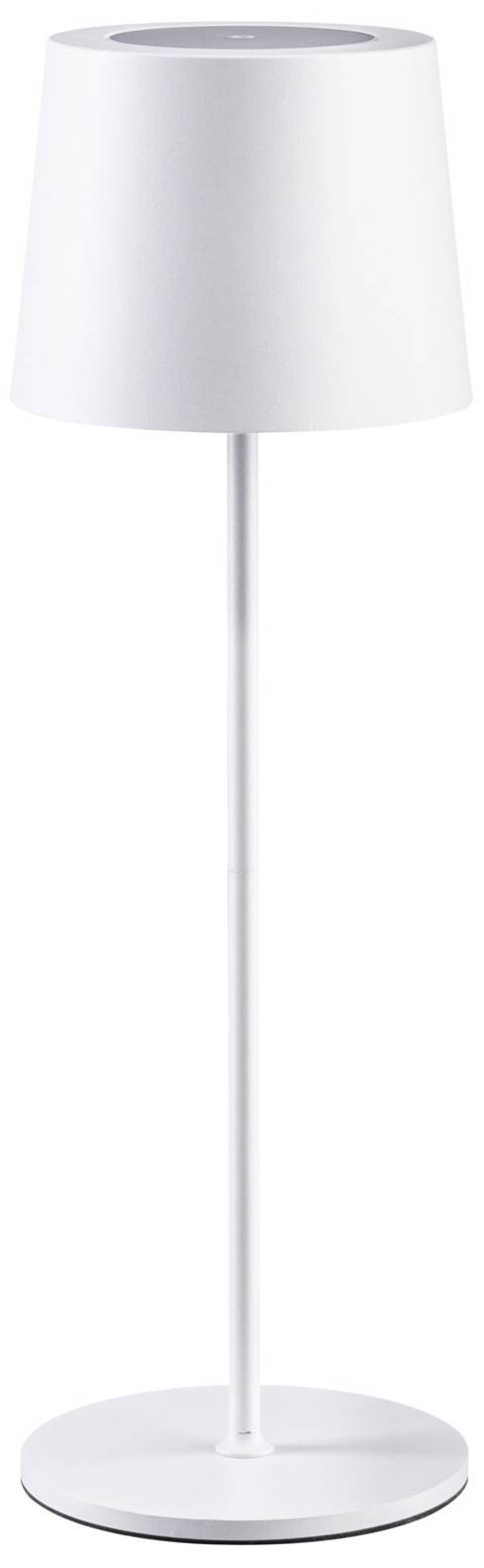 Weiße Stehlampe mit schlankem Stiel und rundem Sockel, schlichtes Design, geeignet für modernes Interieur.