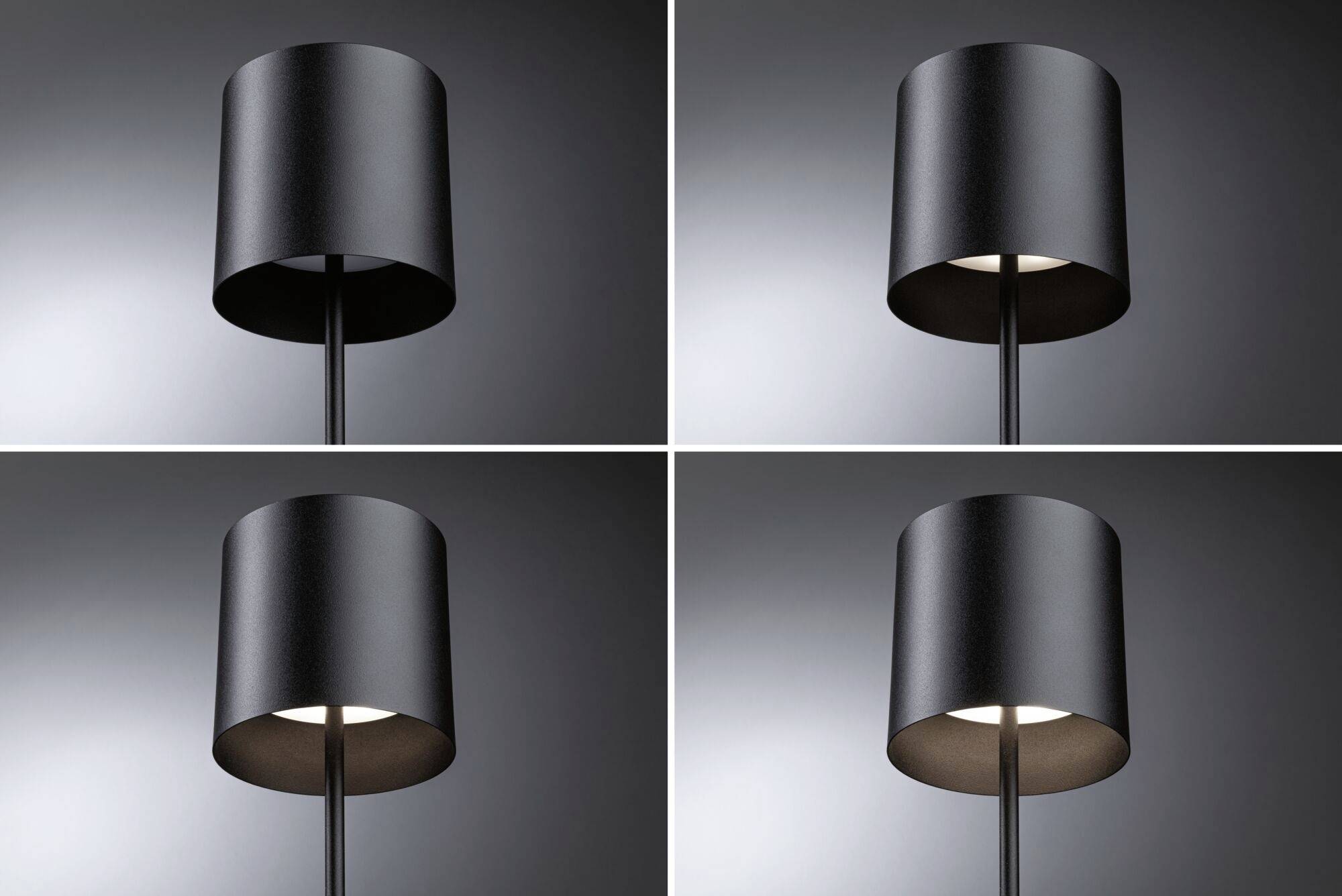 Vier Bilder zeigen eine schwarze Tischlampe mit zylindrischem Schirm. Zwei Bilder zeigen die Lampe ausgeschaltet, zwei eingeschaltet.