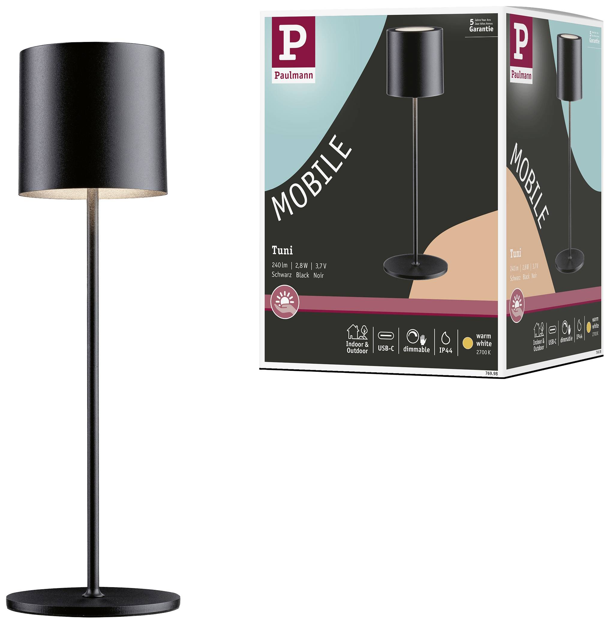 Schwarze Tischlampe neben Verpackung. Verpackung zeigt Bild der Lampe, Marke 'Paulmann' und Modell 'Tuni'. Geeignet für außen und innen.