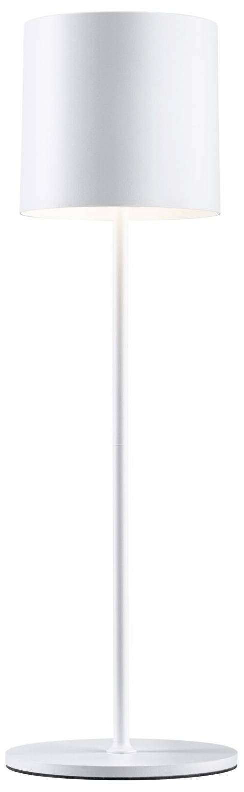 Eine schlichte, weiße Stehlampe mit rundem Sockel und zylindrischem Schirm steht vor einem einfarbigen Hintergrund.