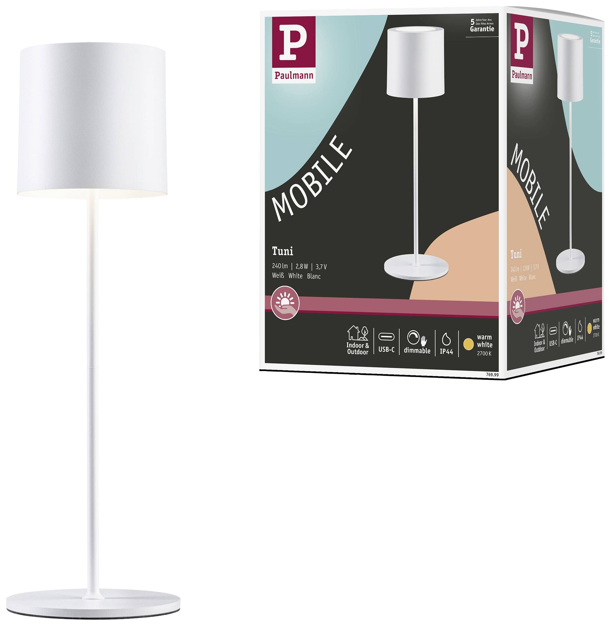 Stehlampe in Weiß mit zylindrischem Lampenschirm. Rechts eine Verpackung mit Markenlogo, Lampenbild und Produktspezifikationen.