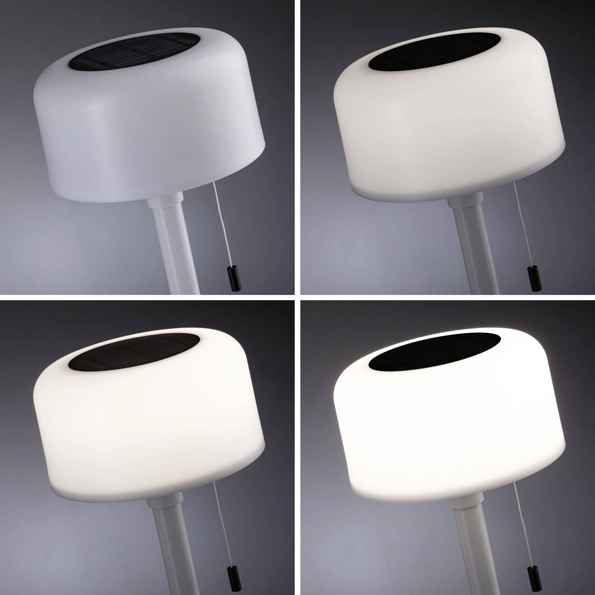 Vier Bilder einer Lampe mit Zugschalter, die unterschiedliche Lichtintensitäten zeigen, von schwach bis stark leuchtend.