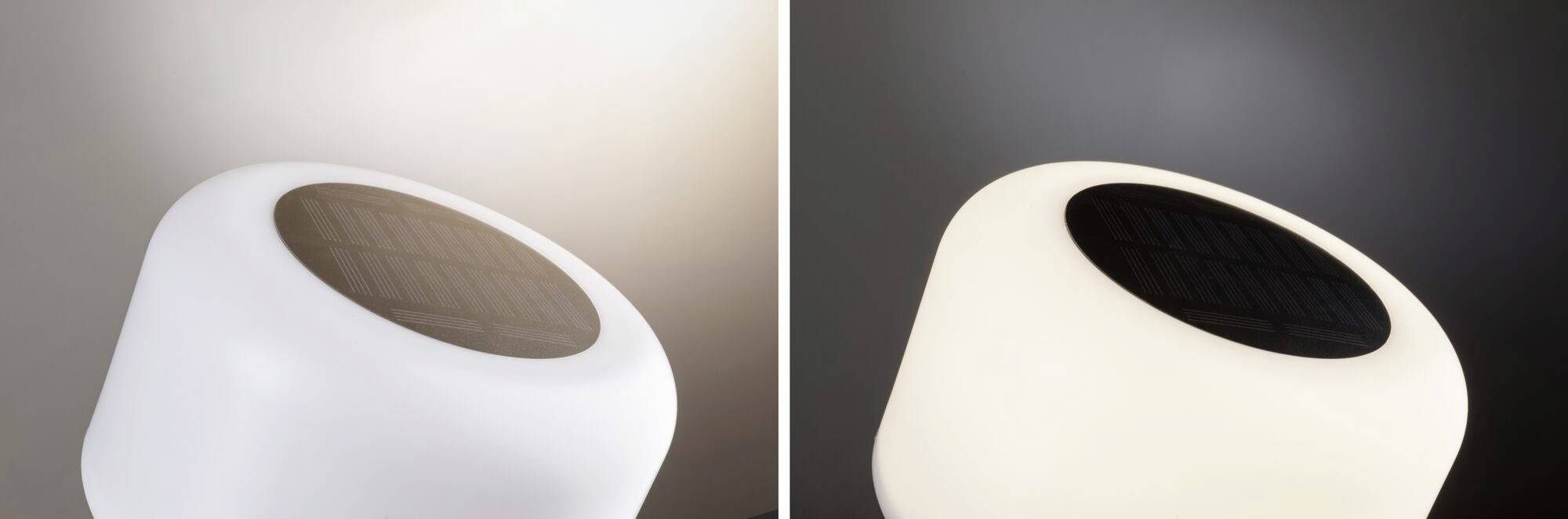 Solarbetriebene LED-Leuchten: Links leuchtet die Lampe, rechts ist sie ausgeschaltet. Ideal für Außenbereiche, energiesparend.