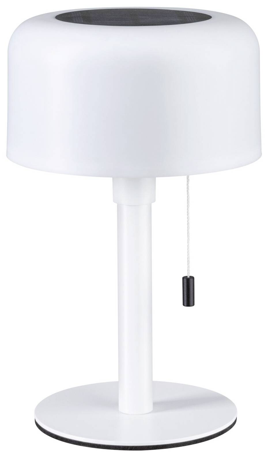 Weiße Tischlampe mit ziehbarem Schalter, modernem Design und rundem Sockel. Ideal für Schreibtische oder Nachttische.