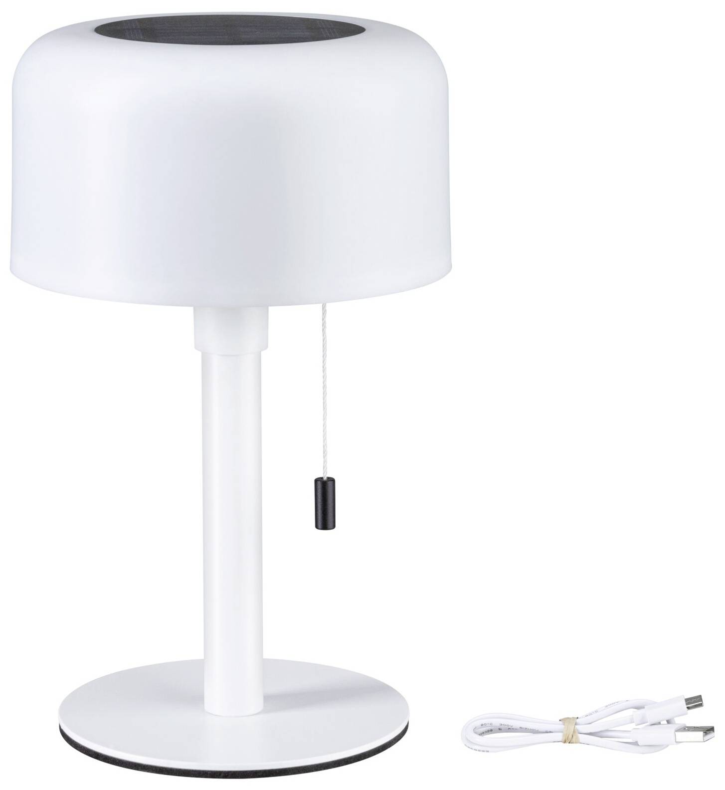 Weiße, kabellose Tischlampe mit Zugkordel, neben einem USB-Ladekabel.