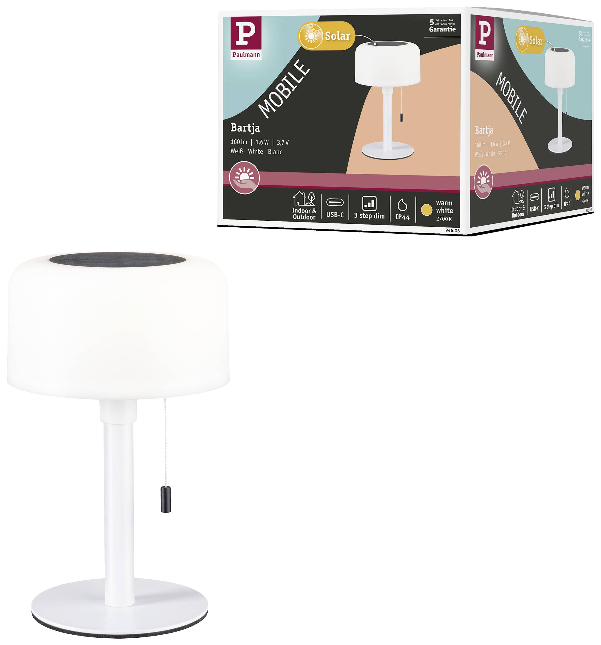 Weiße Tischlampe mit Solarpanel auf der Oberseite und Zugschalter. Verpackung zeigt Lampenbild und Produktdetails.