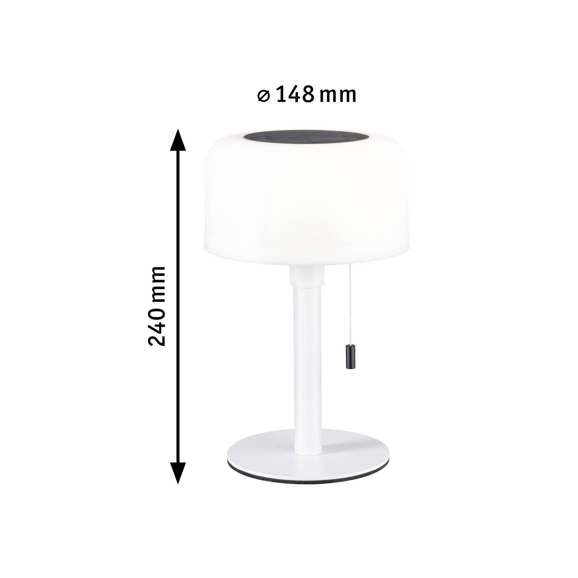 Eine weiße Tischlampe mit schwarzem Zugschalter, misst 240 mm in der Höhe und 148 mm im Durchmesser.