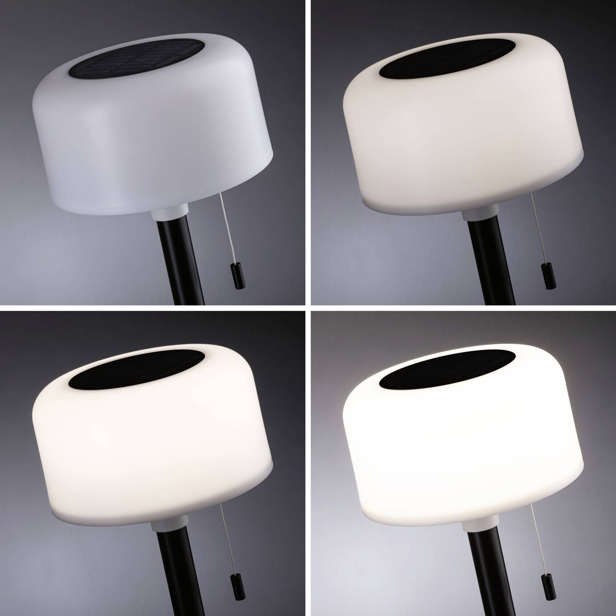 Vier Fotos derselben Tischleuchte zeigen unterschiedliche Lichtintensitäten. Die Lampe hat einen Hebel zur Einstellung.