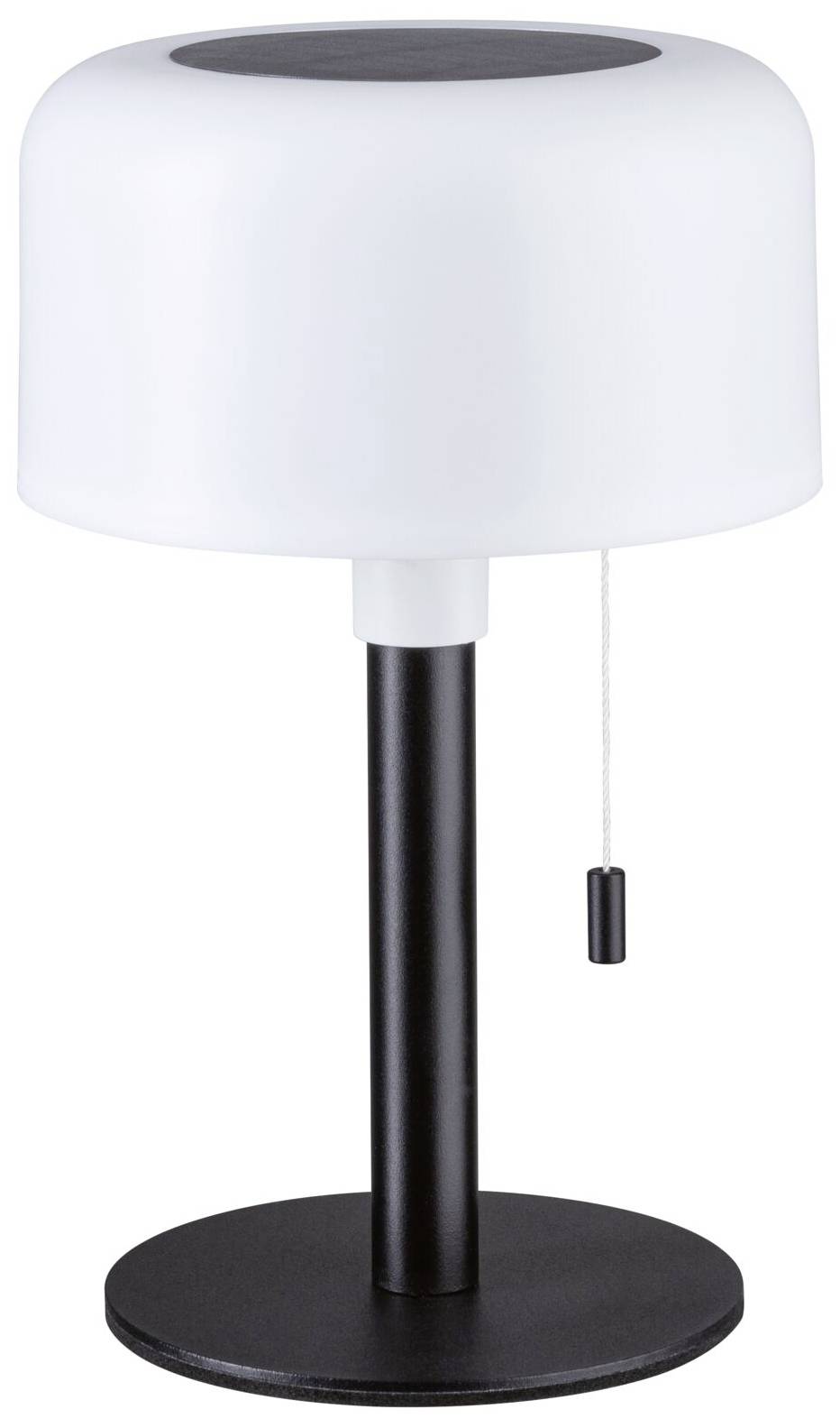 Tischlampe mit weißem, rundem Lampenschirm und schwarzem Ständer. Eine Zugkordel hängt seitlich. Modernes Design.
