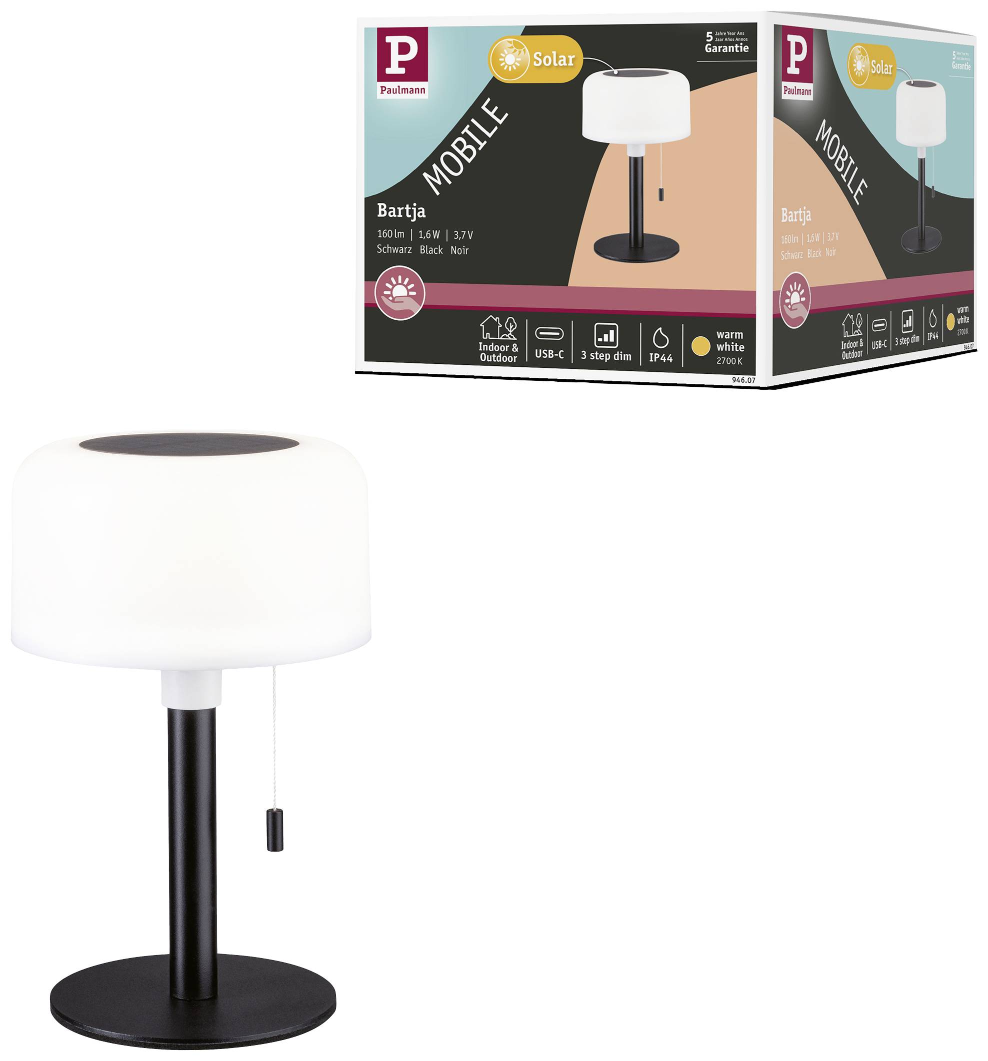 Mobile Solarlampe 'Bartje' mit Dimmer, in Weiß, auf schwarzem Fuß. Verpackung zeigt Produktabbildung und Funktionen: Solarenergie, Lichtfarben.