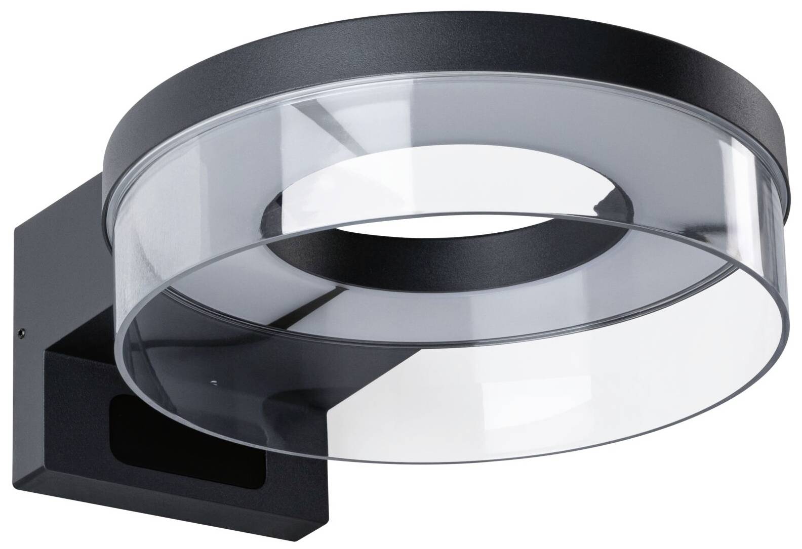 Moderne schwarze Wandleuchte mit transparentem, rundem Schirm, geeignet für den Außenbereich.