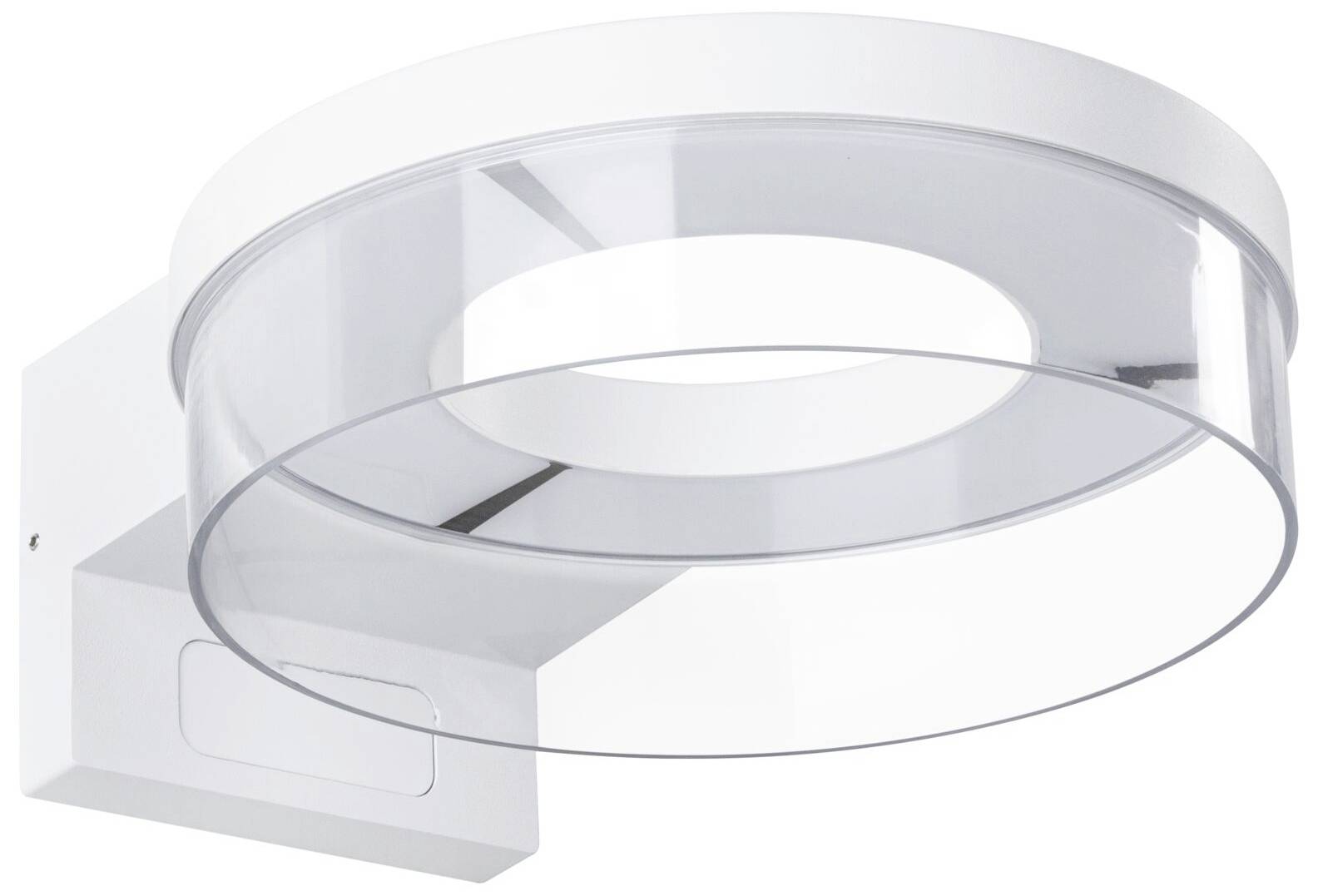 Runde Deckenleuchte aus transparentem und weißem Material, an einer Wand montiert. Modernes Design, geeignet für Innenräume.