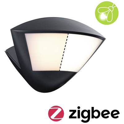 Schwarze Wandleuchte mit integriertem Zigbee-Logo, zeigt das Design der Lampe und Kompatibilität mit Zigbee-Technologie an.