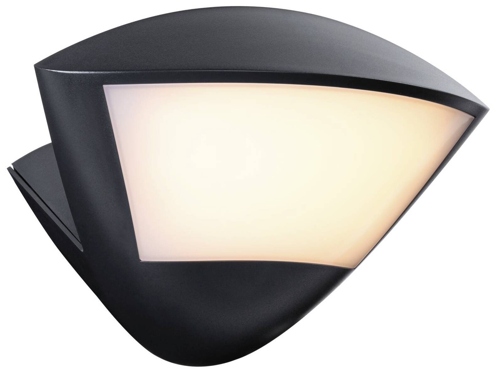 Schwarze, moderne Wandleuchte mit gebogenem, mattem Acrylschirm, der warmes, diffuses Licht abgibt.