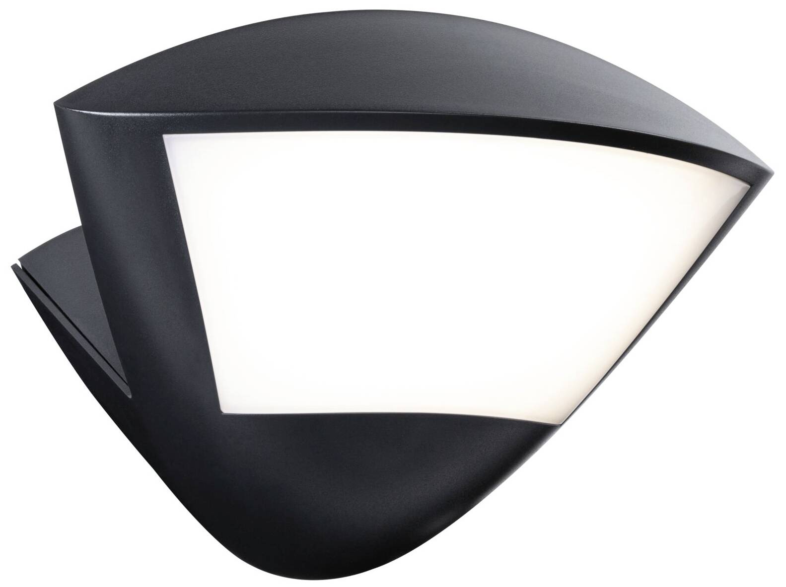 Eine moderne, schwarze Wandleuchte mit geschwungenem Design und rechteckiger, weißer Leuchtfläche.