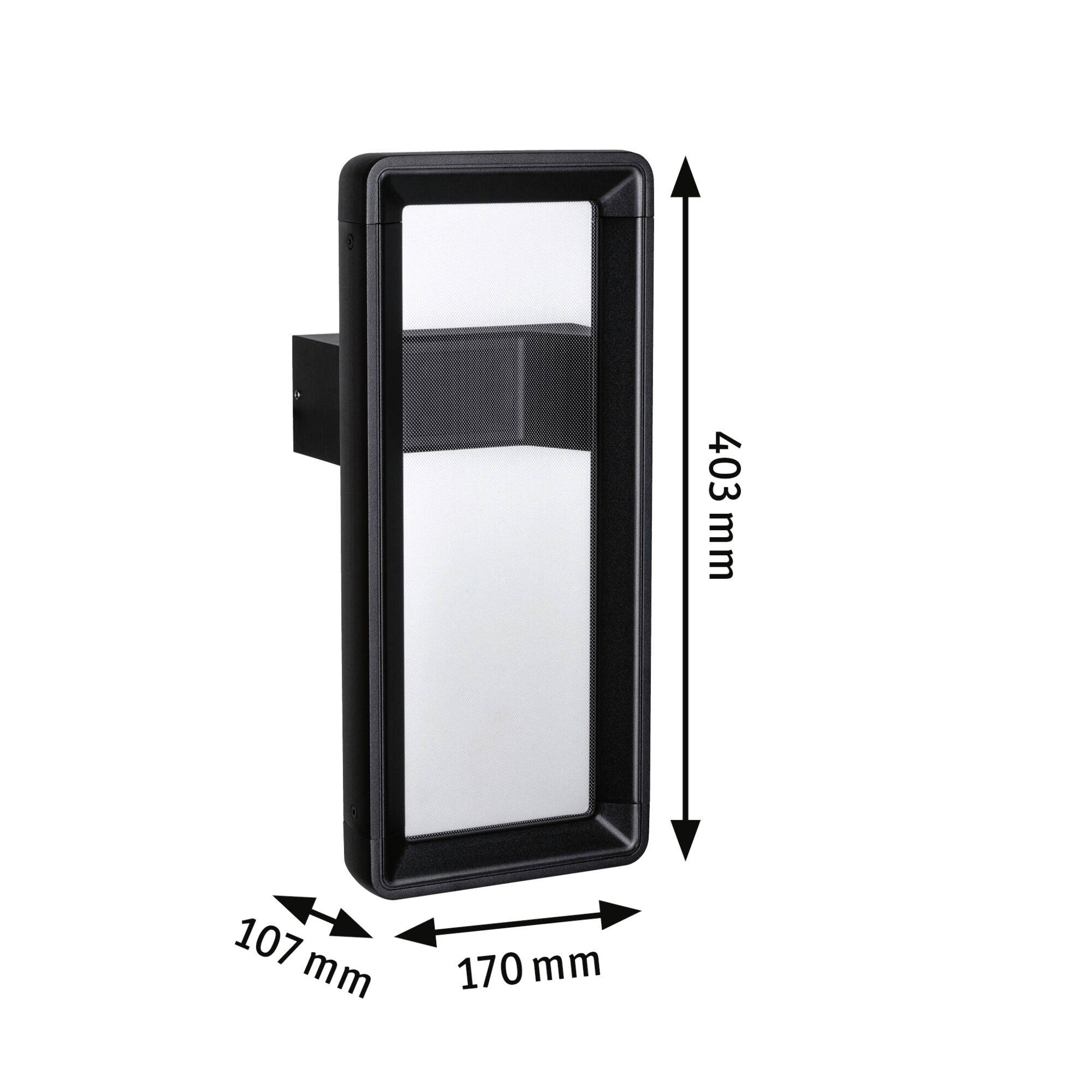 Eine rechteckige schwarze Wandlampe mit Glasabdeckung. Maße: 403 mm hoch, 170 mm breit, 107 mm tief.