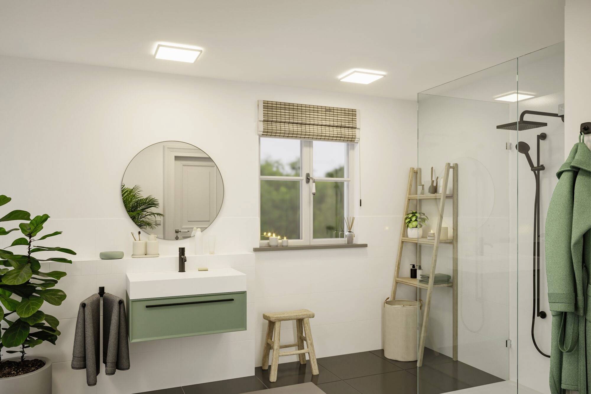 Modernes Badezimmer mit einem runden Spiegel, Waschbecken auf Konsolen, Pflanzen, einem Hocker und einer Glasdusche.