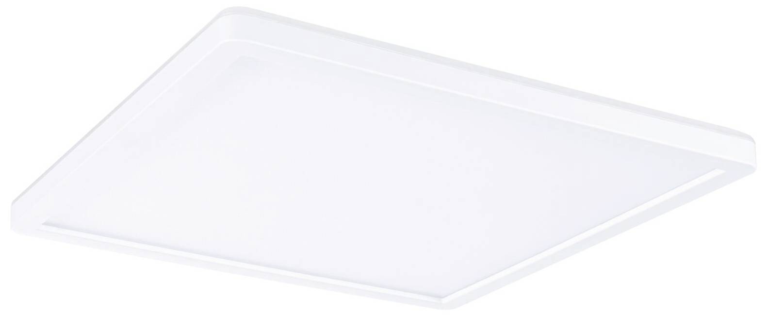 Quadratische, flache LED-Deckenleuchte mit weißem Rahmen. Sie wirkt modern und ist gleichmäßig leuchtend, ideal für Innenräume.