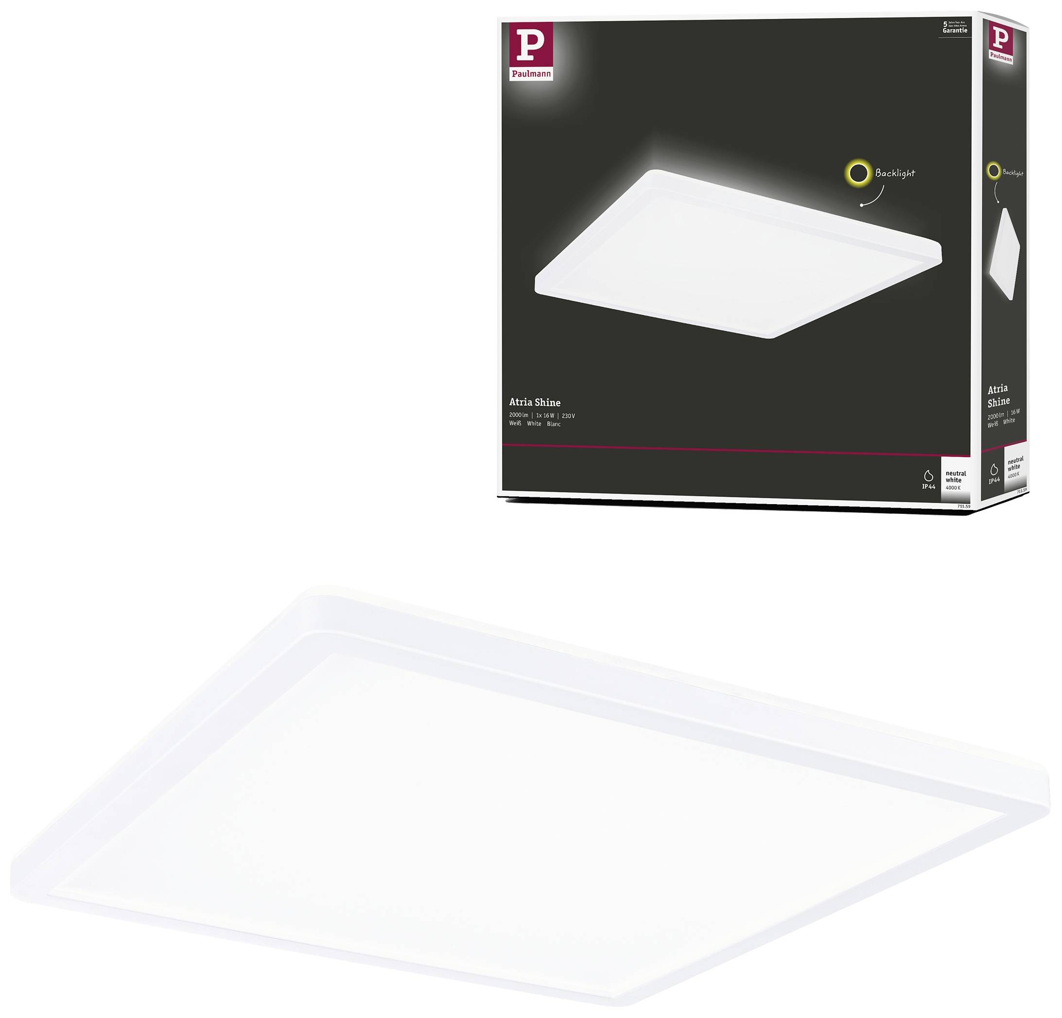Quadratische LED-Deckenleuchte, flach und weiß, auf der Verpackung zu sehen. Produktname und Marke oben links.