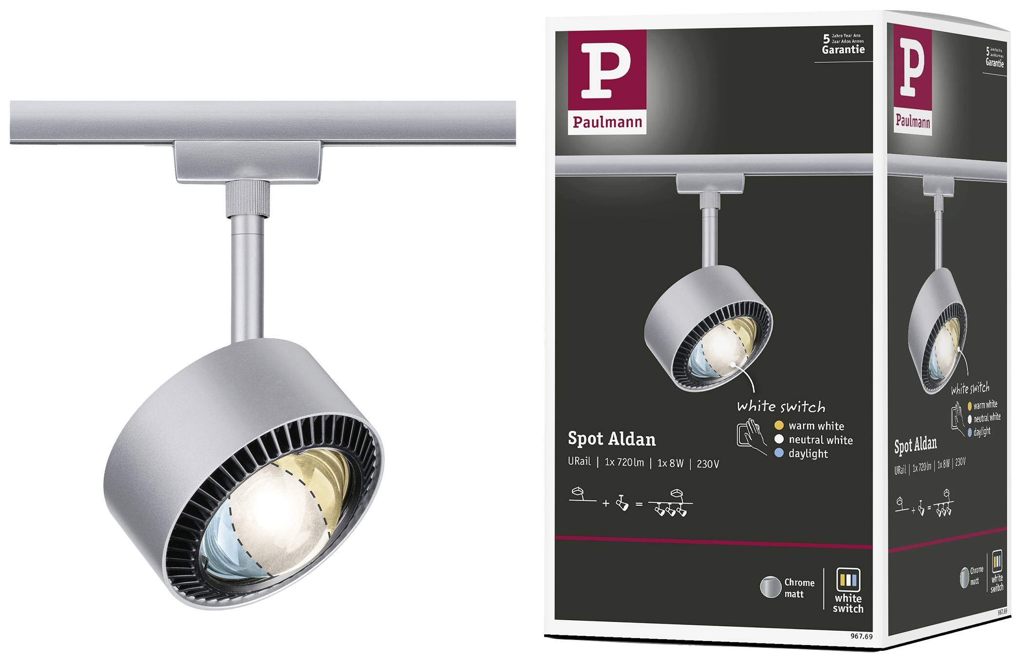 Deckenstrahler 'Spot Aldan' von Paulmann mit weißem und warmweißem Licht. Verpackung beschreibt Eigenschaften und technische Daten.