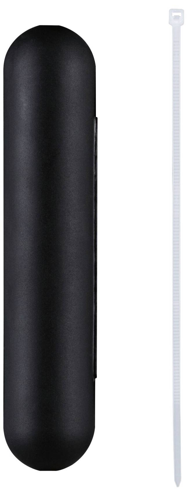 Schwarzer zylindrischer Gegenstand neben einem weißen Kabelbinder auf weißem Hintergrund.