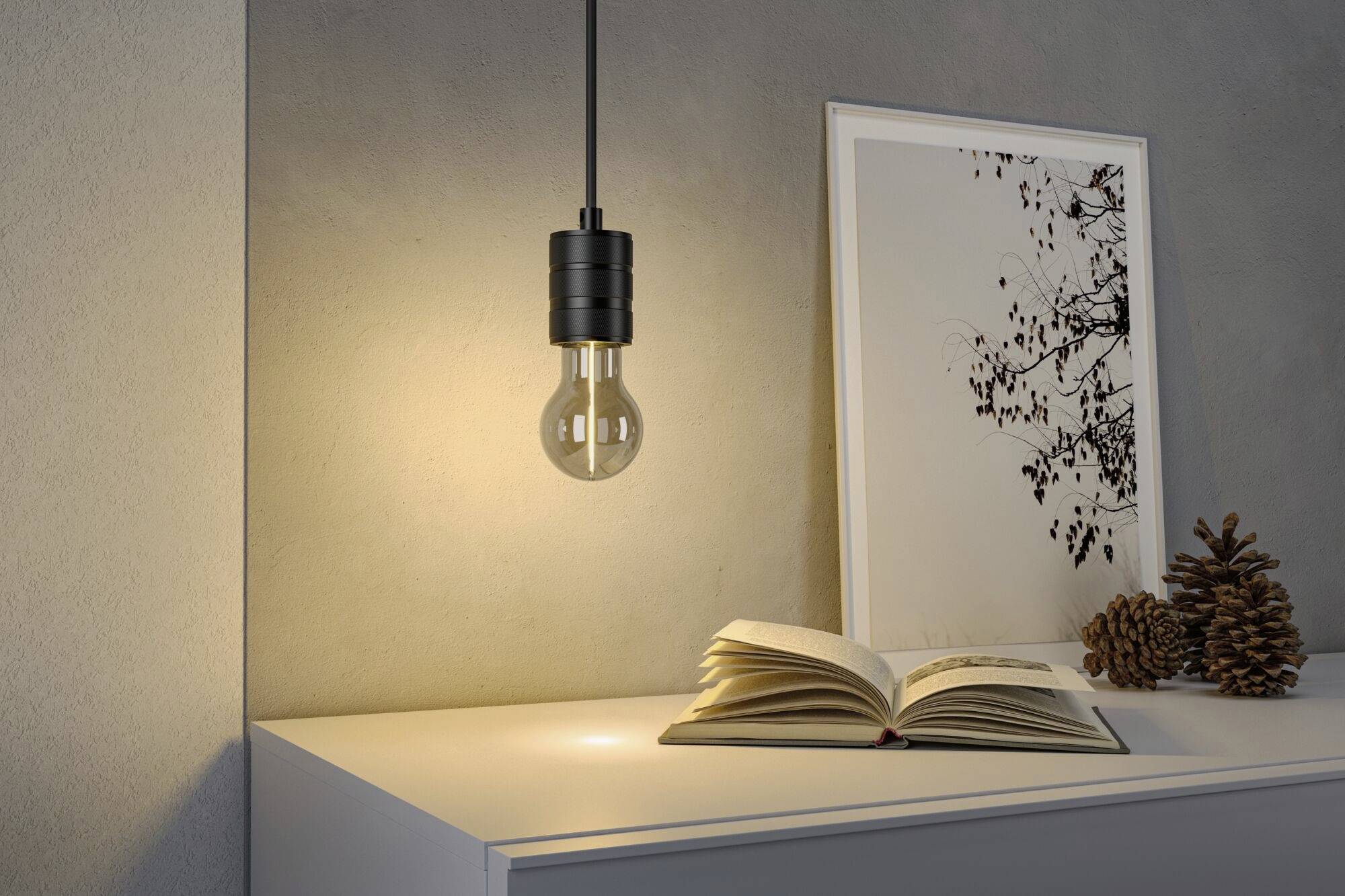 Eine Glühbirne hängt über einer Kommode, auf der ein offenes Buch und Tannenzapfen neben einem Bild mit Zweigen stehen.
