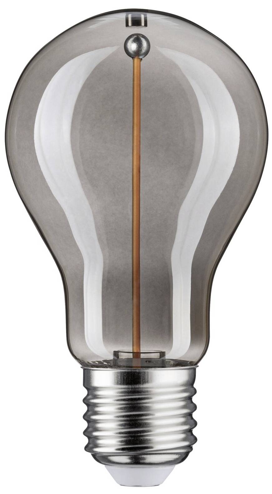 Eine Glühbirne mit sichtbarem Filament und silberner Fassung auf weißem Hintergrund.