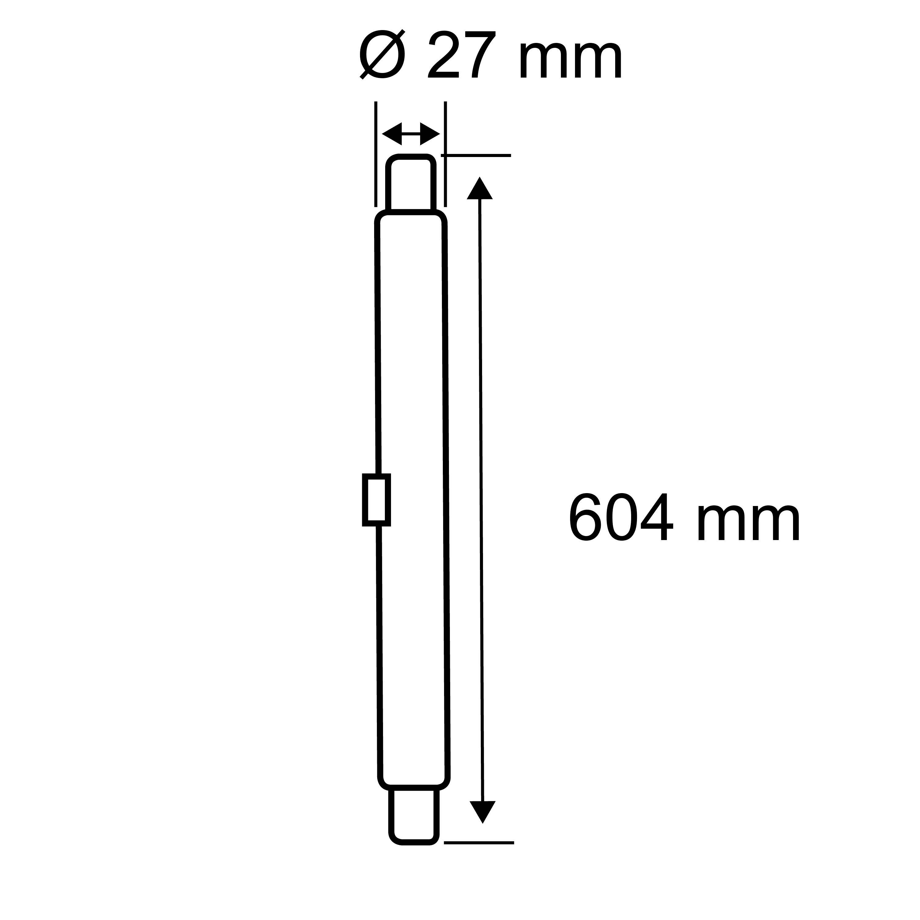 'Schematische Darstellung eines zylindrischen Objekts mit einem Durchmesser von 27 mm und einer Länge von 604 mm.'