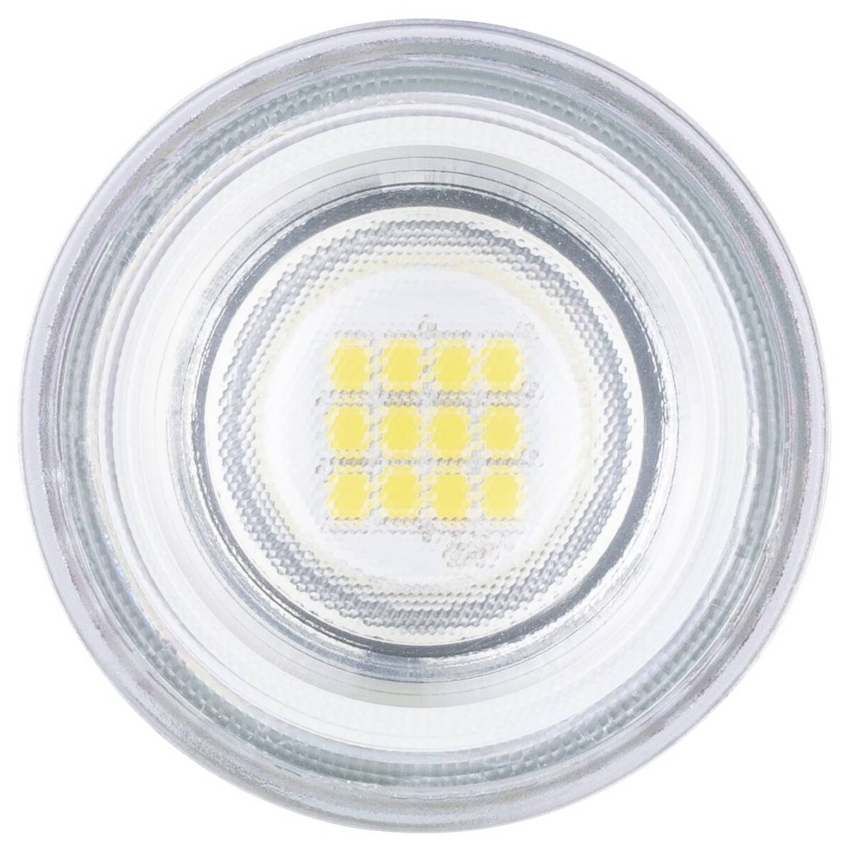 Nahaufnahme einer LED-Lampe mit mehreren gelben Leuchtdioden in einem runden, transparenten Gehäuse.