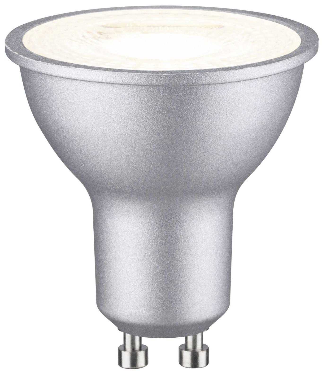 LED-Lampe mit GU10-Sockel, silberfarben, zylindrische Form, geeignet für Spot- oder Akzentbeleuchtung, weißer leuchtender Bereich oben.
