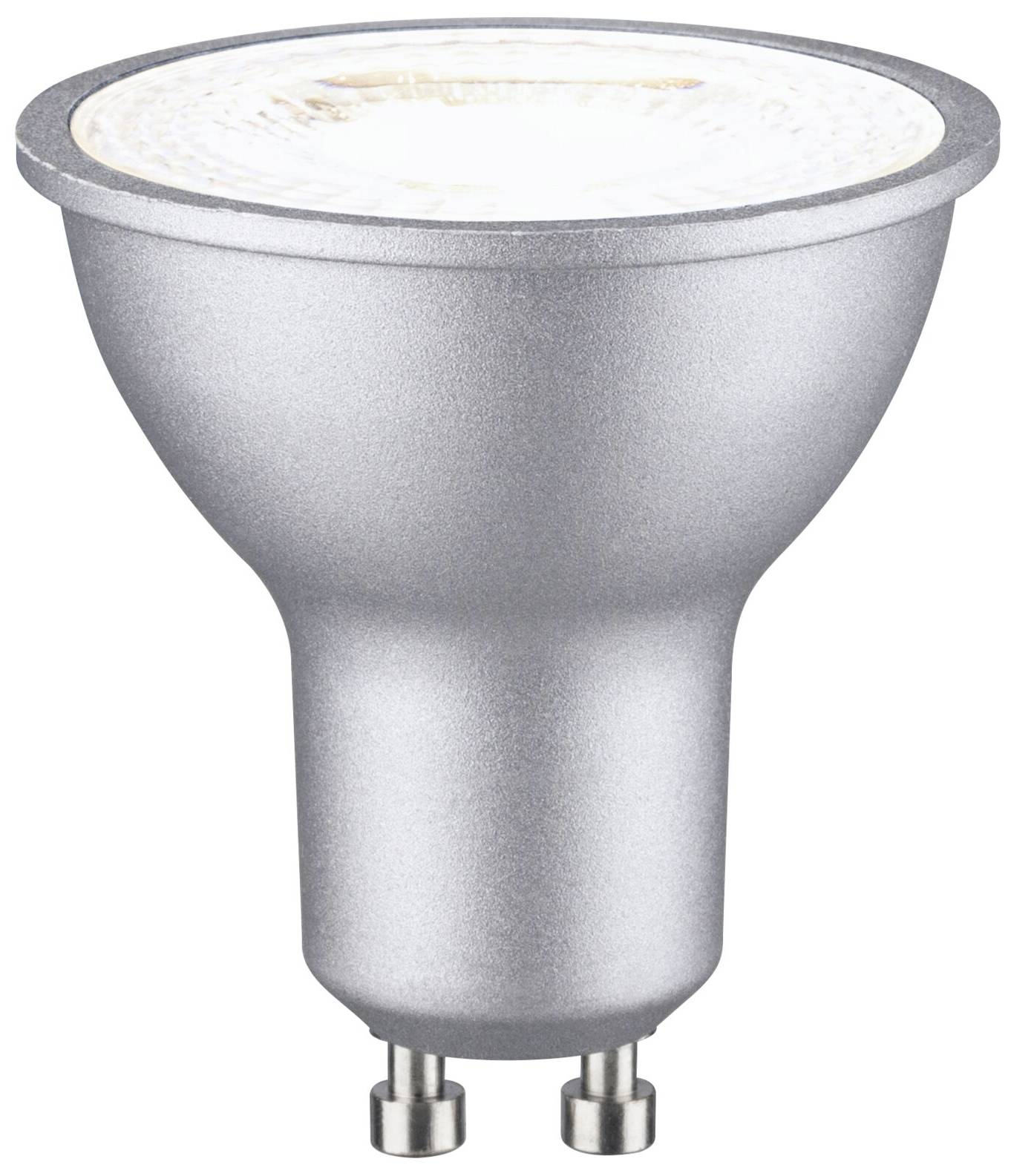 Eine silberne LED-Lampe mit GU10-Fassung.