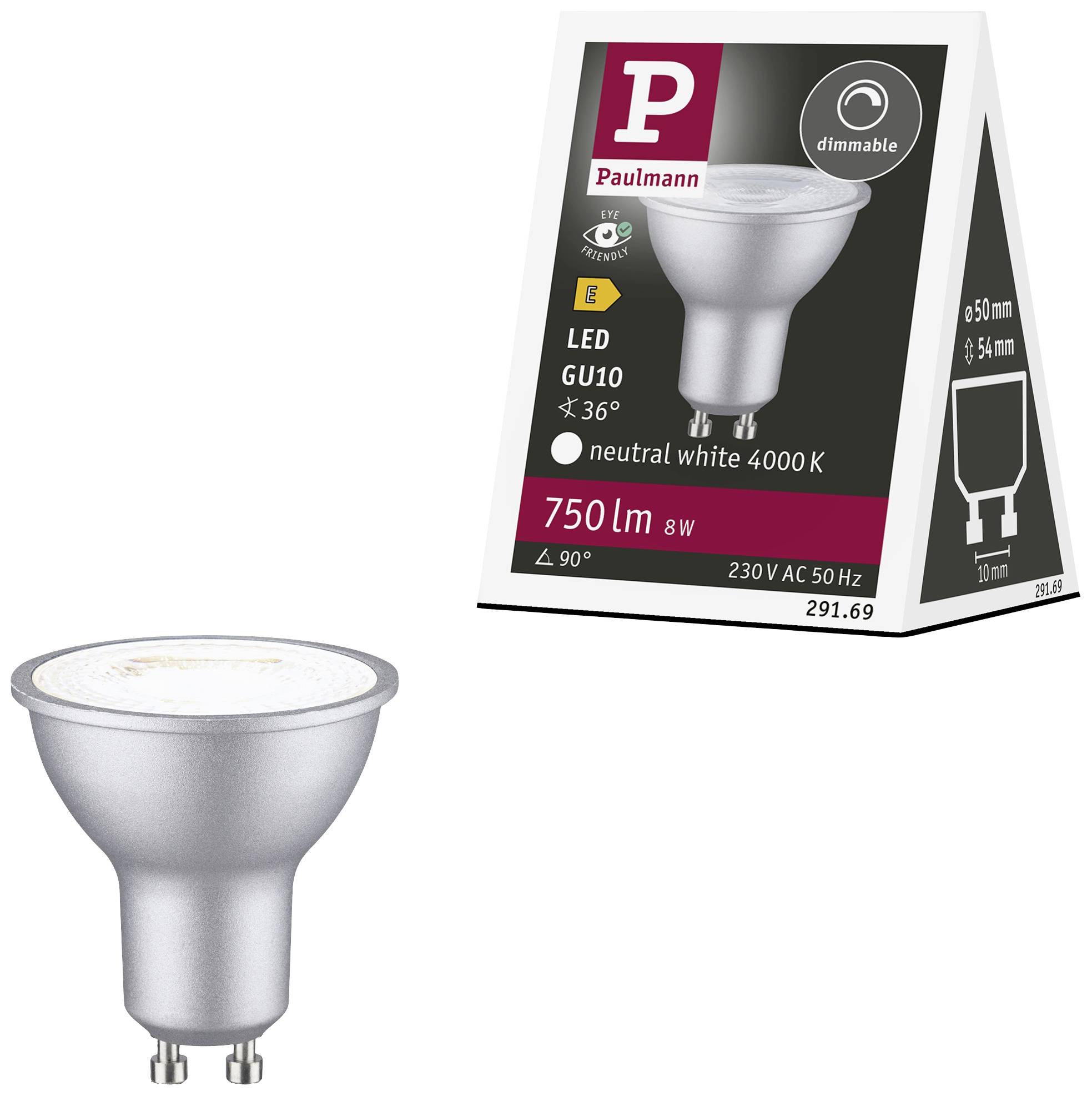 LED GU10 Lampe von Paulmann, 8W, 750 Lumen, neutralweiß 4000K, 36° Abstrahlwinkel, dimmbar. Verpackung und Produkt abgebildet.