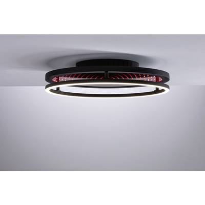 Eine moderne Deckenlampe mit zwei kreisförmigen Leuchtringen, die warmes Licht ausstrahlen. Schwarze Struktur mit rotem Innenbereich.