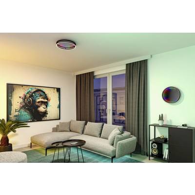 Modernes Wohnzimmer mit grauem Sofa, Couchtisch und Wandkunst eines affenähnlichen Wesens mit Kopfhörern. Bunte Beleuchtung an Decke.