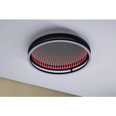 Runde LED-Lampe an der Decke mit rotem und weißem Lichtmuster, modern gestaltet. Passt zu hellem Raum mit beigem Wandabschnitt.