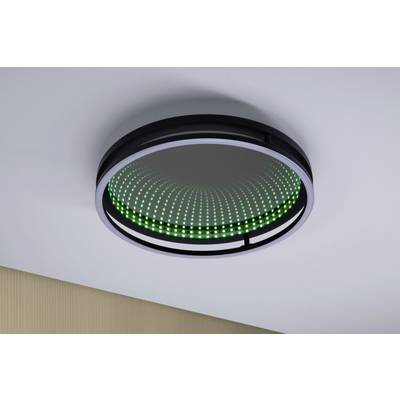 Ein runder Deckenleuchter mit einem Muster aus leuchtenden grünen LEDs auf einem Spiegelhintergrund, erzeugt einen 3D-Effekt.
