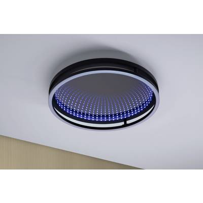 Runde, moderne Deckenleuchte mit blauem LED-Lichtring an weißer Decke montiert, sorgt für stimmungsvolle Beleuchtung.