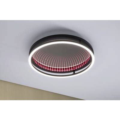 Runde Deckenleuchte mit modernem Design: Ein äußerer LED-Ring leuchtet weiß, während ein inneres rot beleuchtetes Muster einen 3D-Effekt erzeugt.