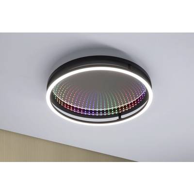 Runde Deckenleuchte mit LED-Leuchtring, schwebend an der Decke. Innen zeigt ein Muster aus bunten, sich verändernden Lichtern.