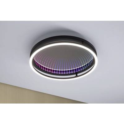 Runde Deckenleuchte mit einem bunten LED-Muster in der Mitte und einem leuchtenden Ring am Rand. Moderner, dekorativer Stil.