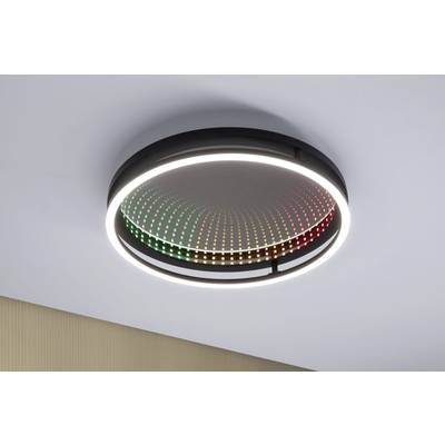 Runde Deckenleuchte mit einem leuchtenden Ring und einem inneren dekorativen LED-Muster in grünlicher und rötlicher Farbe.