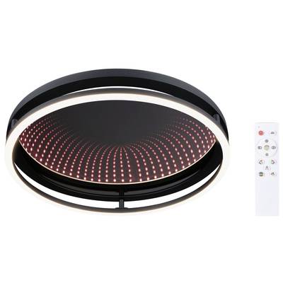 Runde LED-Deckenleuchte mit schwarzem Rahmen und rotem Lichtmuster. Mitgelieferte Fernbedienung zur Steuerung der Lichtfunktionen.