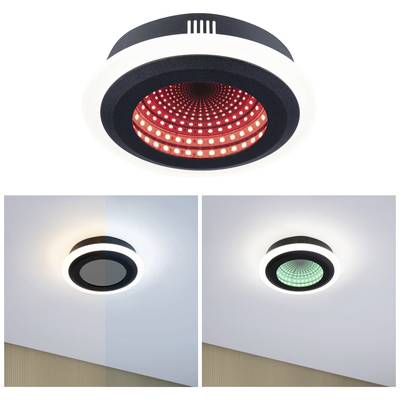 Runde Deckenlampe mit LED-Lichtern, die in verschiedenen Farben leuchten. Zwei Ansichten zeigen die Lampe von verschiedenen Winkeln.