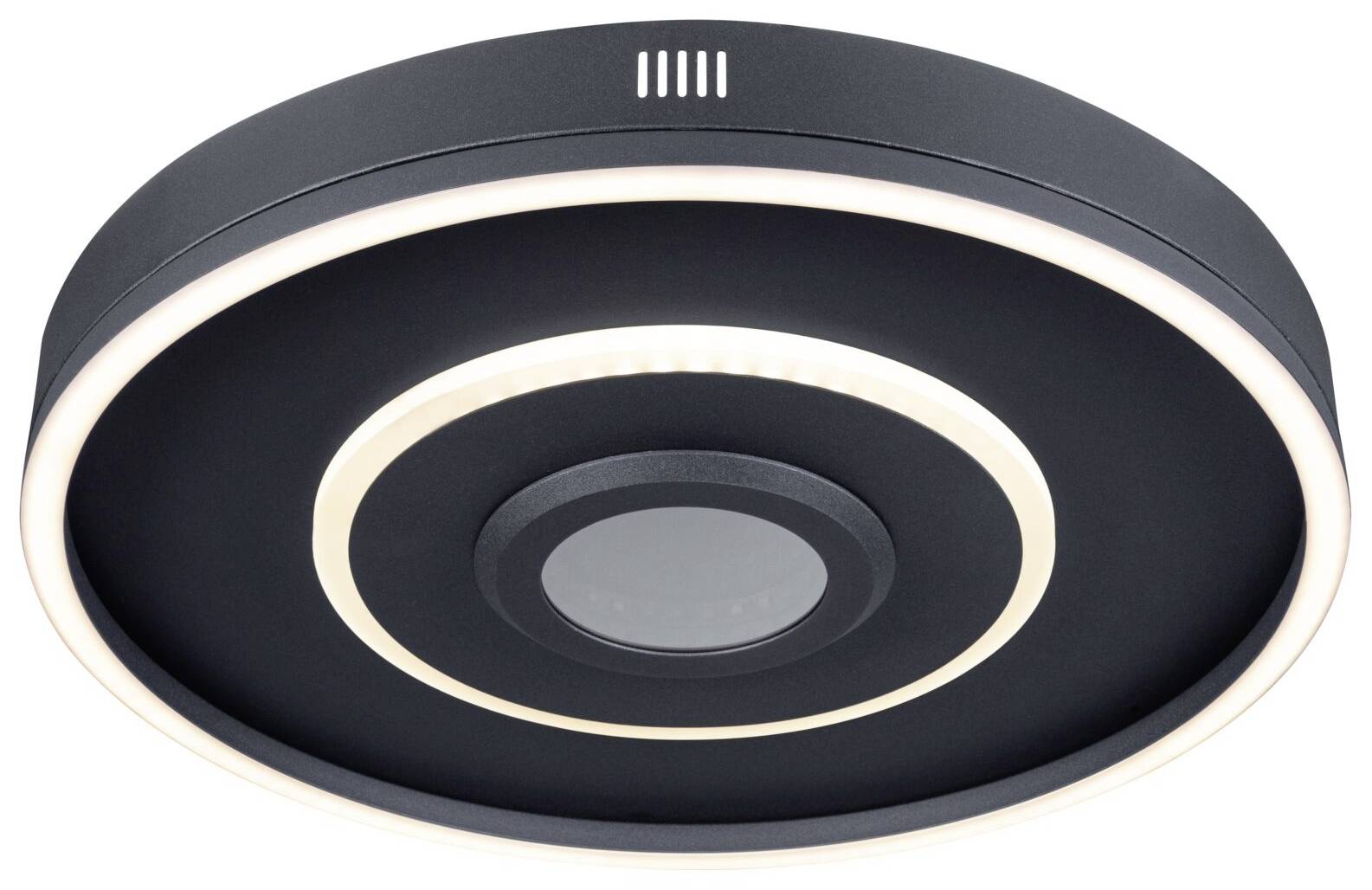 Runde, moderne Deckenleuchte in Schwarz mit konzentrischen Lichtkreisen. Geeignet für stilvolle, zeitgemäße Beleuchtungsanwendungen.