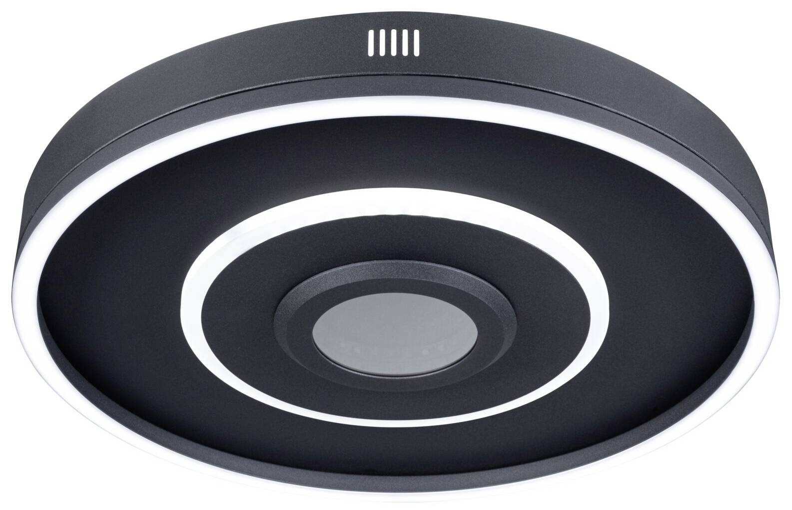 Runde Deckenleuchte in Schwarz mit LED-Lichtringen und integriertem Sensor in der Mitte. Modernes Design für Innenräume.